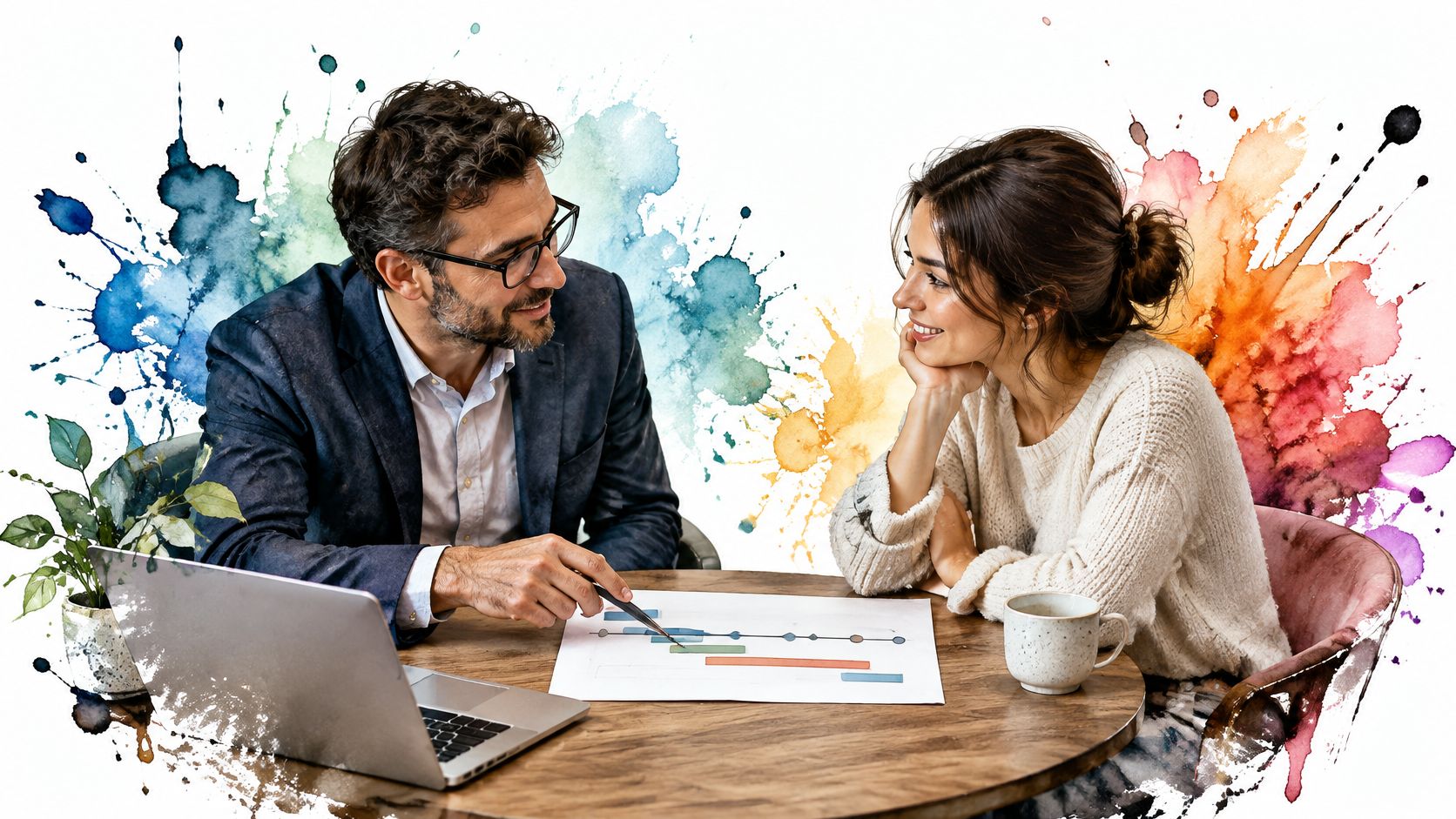 A professional man and woman discussing a project chart at a wooden table in an office setting.