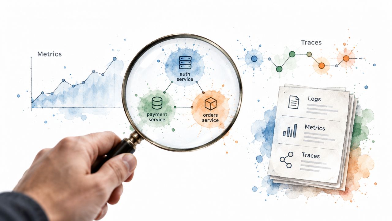 A magnifying glass focusing on microservices architecture diagrams depicting auth, payment, and orders services with observability icons.