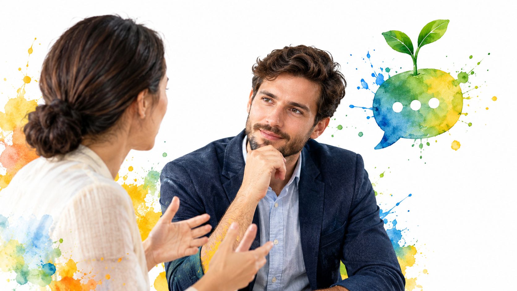 A professional man and woman having a conversation with a watercolor speech bubble and plant icon.