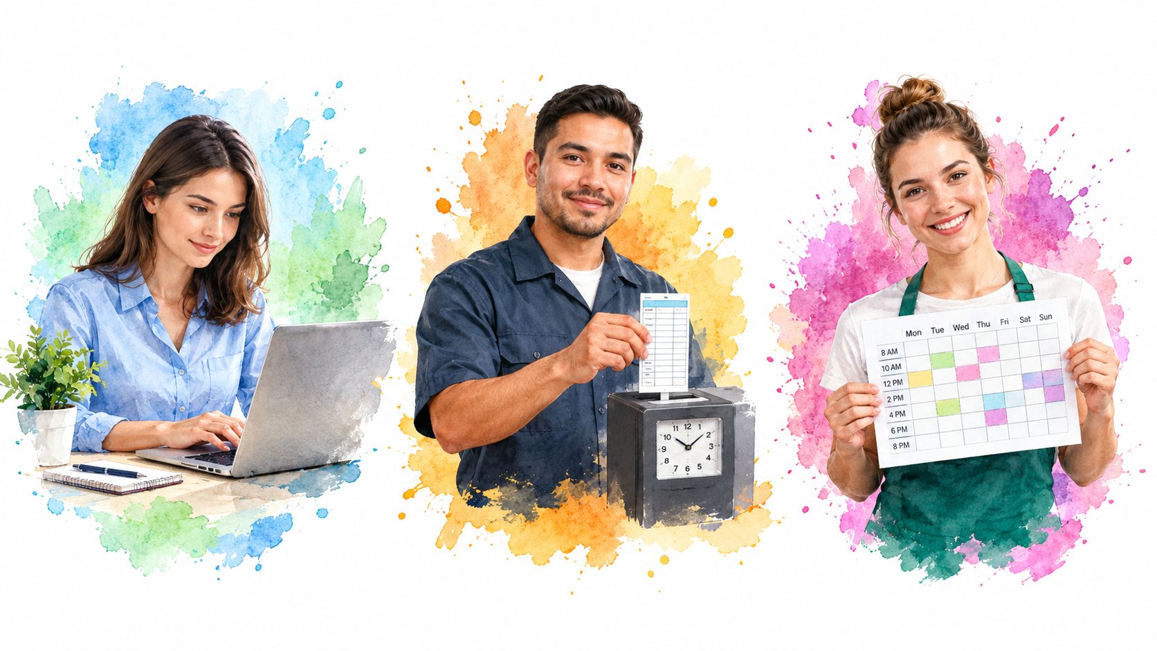 Three people showing different stages of work, including office tasking, time tracking, and professional scheduling.