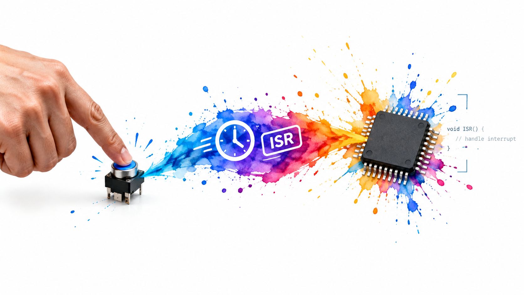 A hand pressing a button that triggers an interrupt service routine on a microcontroller in embedded systems.