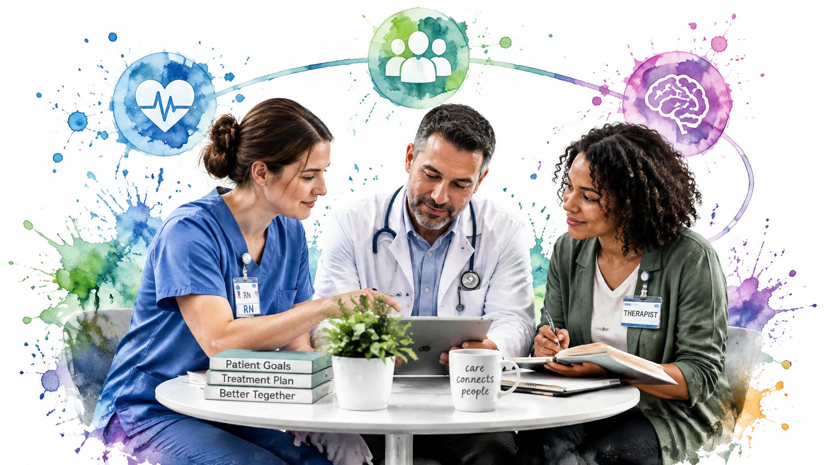 A diverse healthcare team collaborating with a tablet and notes in a professional office setting.
