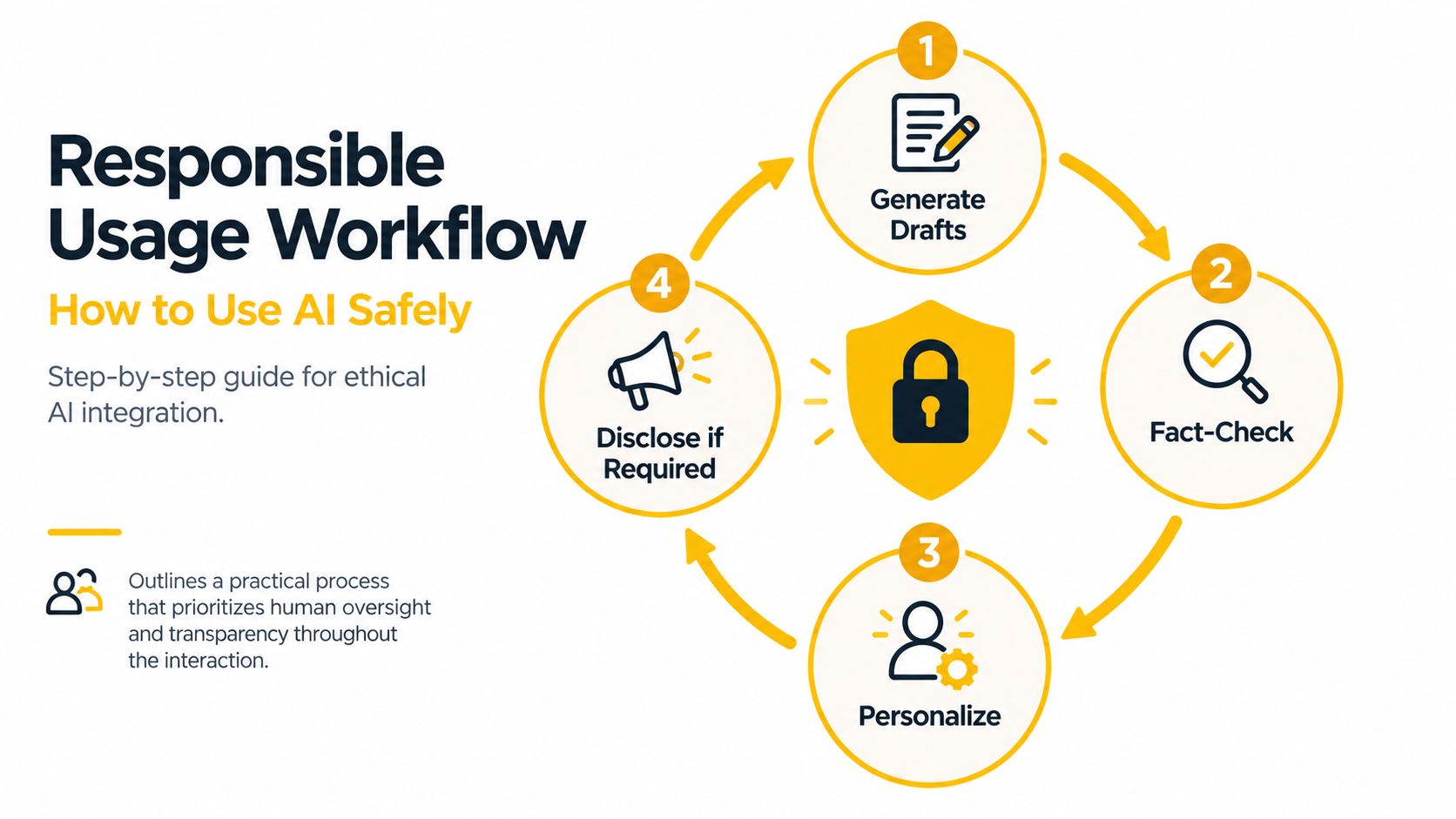 A diagram titled Responsible Usage Workflow showing four numbered steps for safely and ethically integrating AI.