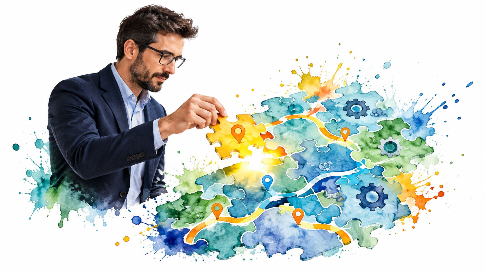 A professional general manager assembling a puzzle map, illustrating strategic thinking and business planning concepts.