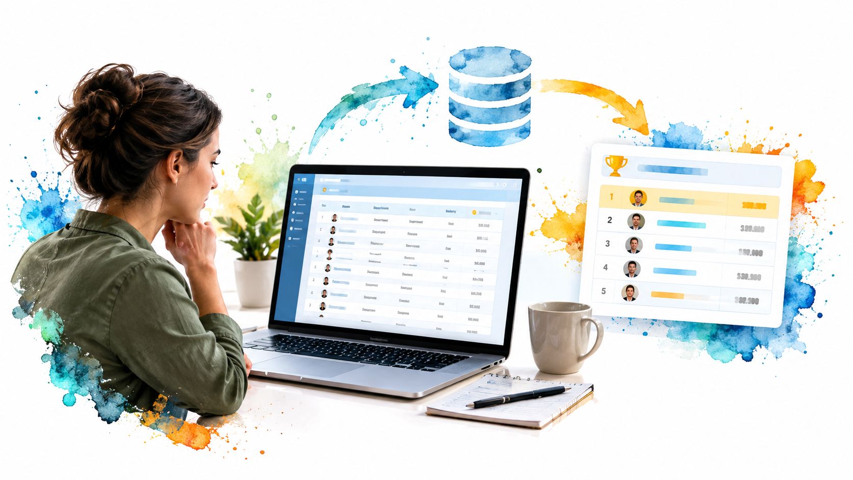 A woman working on a laptop with data visualizations and a ranking dashboard displayed on the screen.