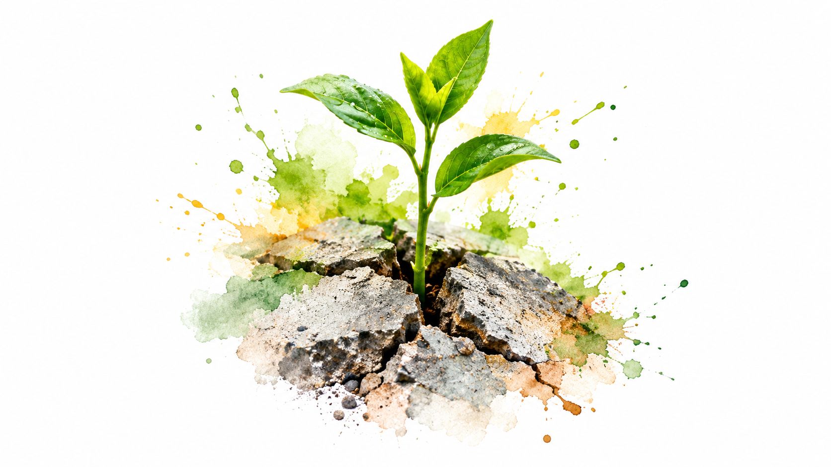 A small green plant sprouting from cracked dry earth with artistic watercolor splashes on white background.