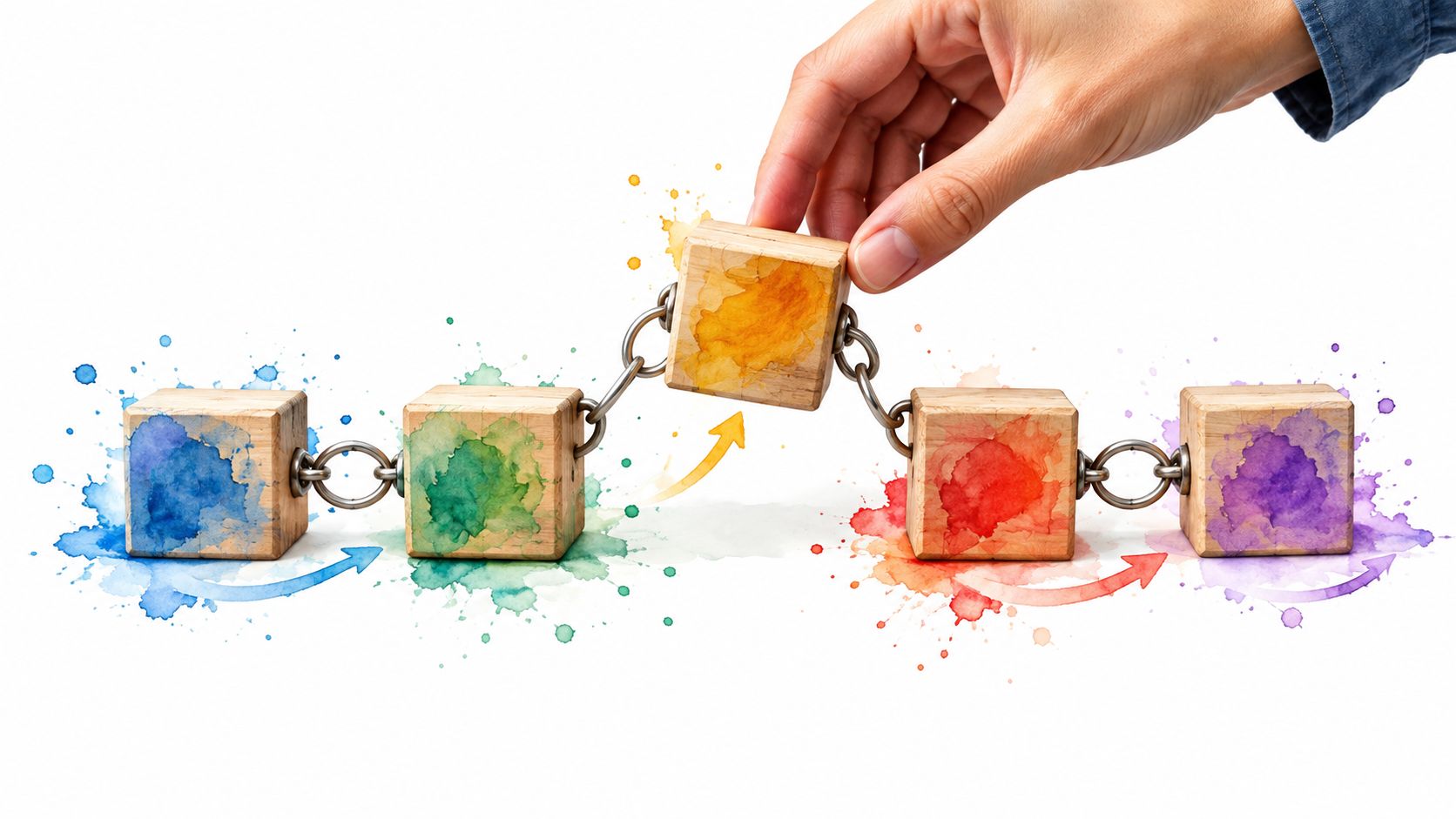 A hand placing an orange watercolor block into a linked chain of colorful wooden blocks on white.