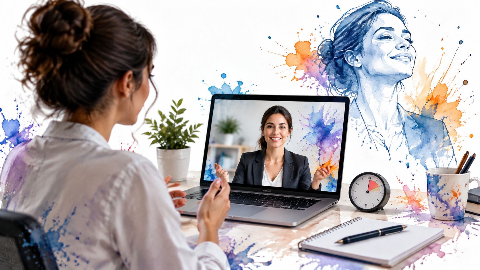 A professional woman participating in an online job interview on her laptop from a home office.