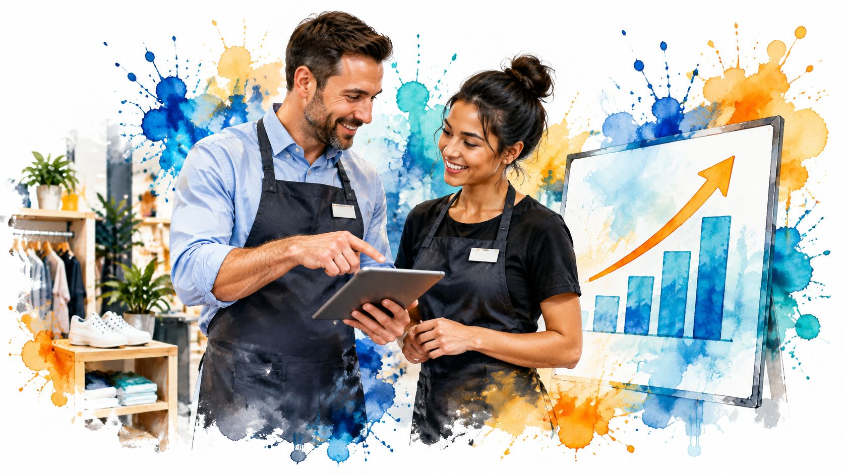 A retail manager and employee reviewing sales growth data on a tablet in a clothing store.