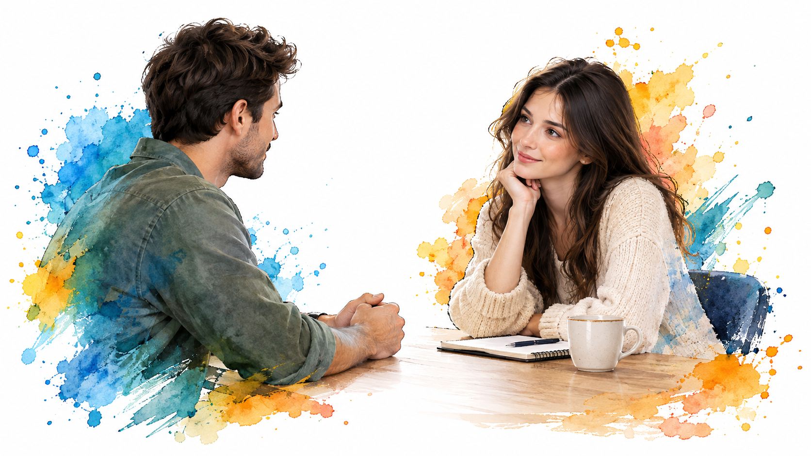 A man and a woman in a casual conversation at a wooden table with artful paint splashes.
