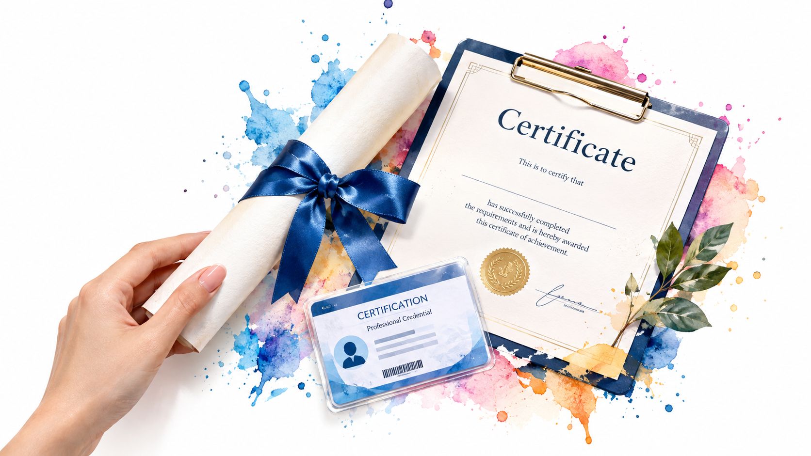 A hand holds a rolled diploma tied with a blue ribbon next to a certificate and id card.