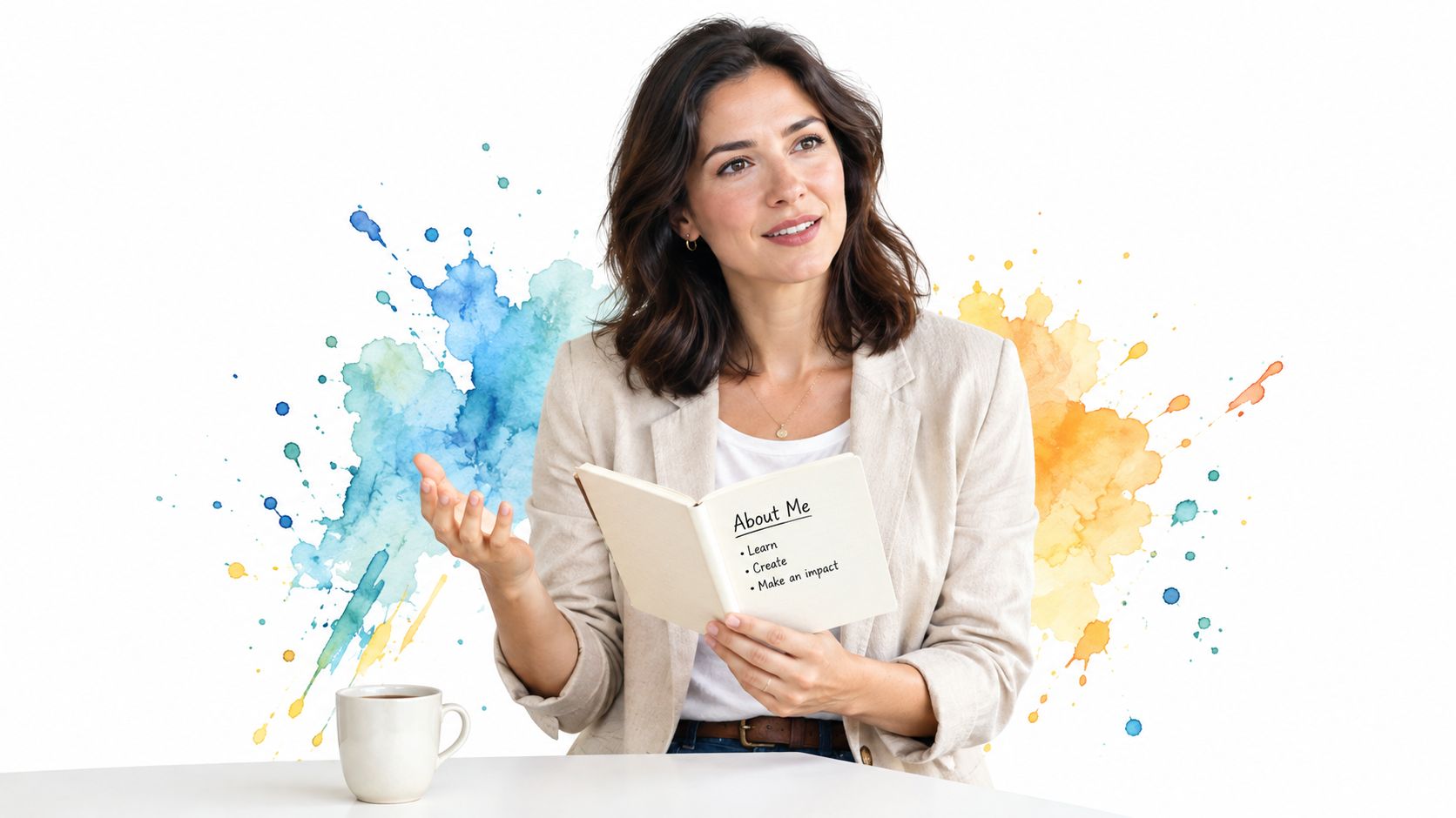 A professional woman holding an open notebook labeled About Me, sitting at a desk with coffee.