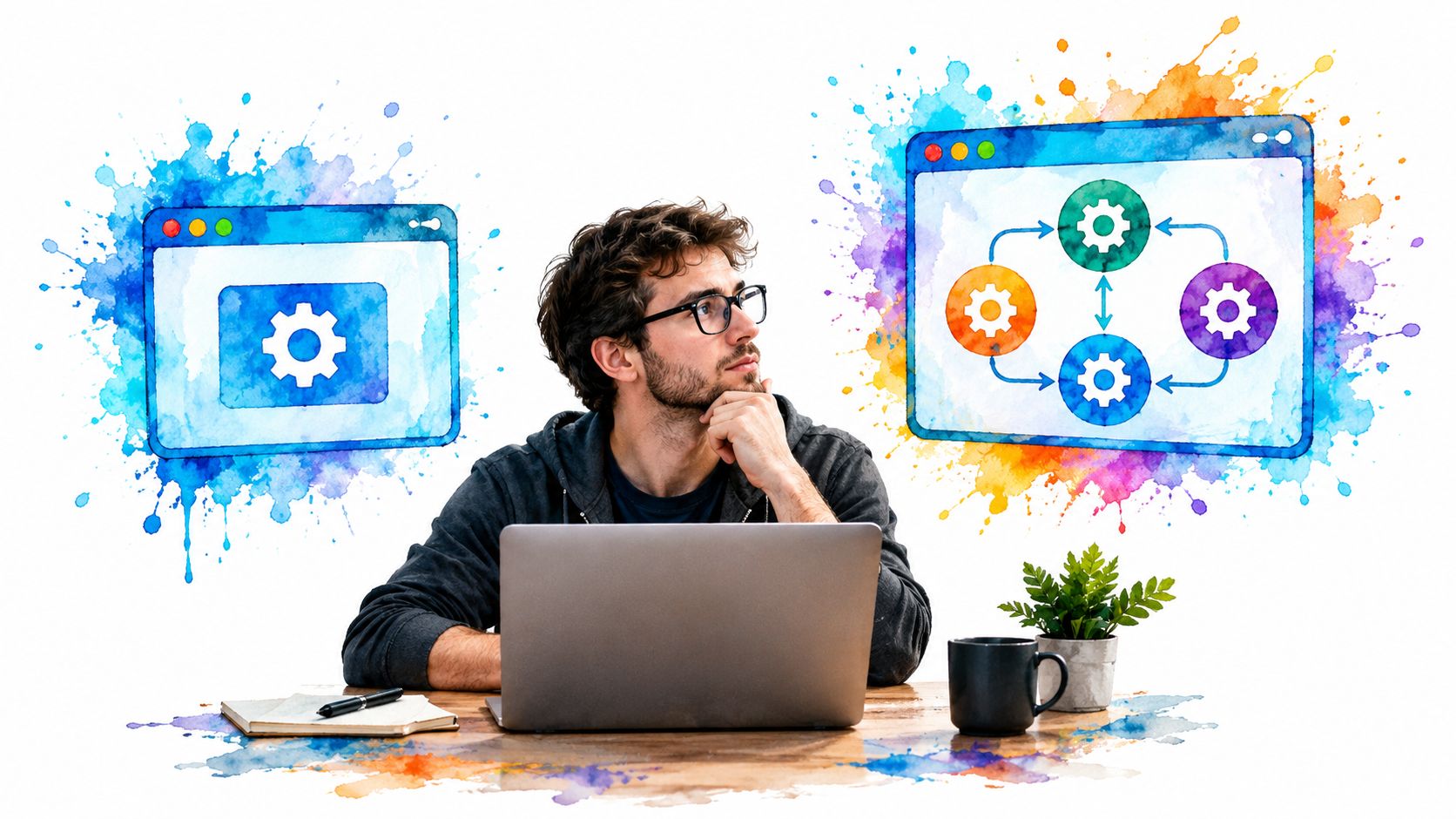 A young man sitting at a laptop thoughtfully considering complex technical software development and system processes.