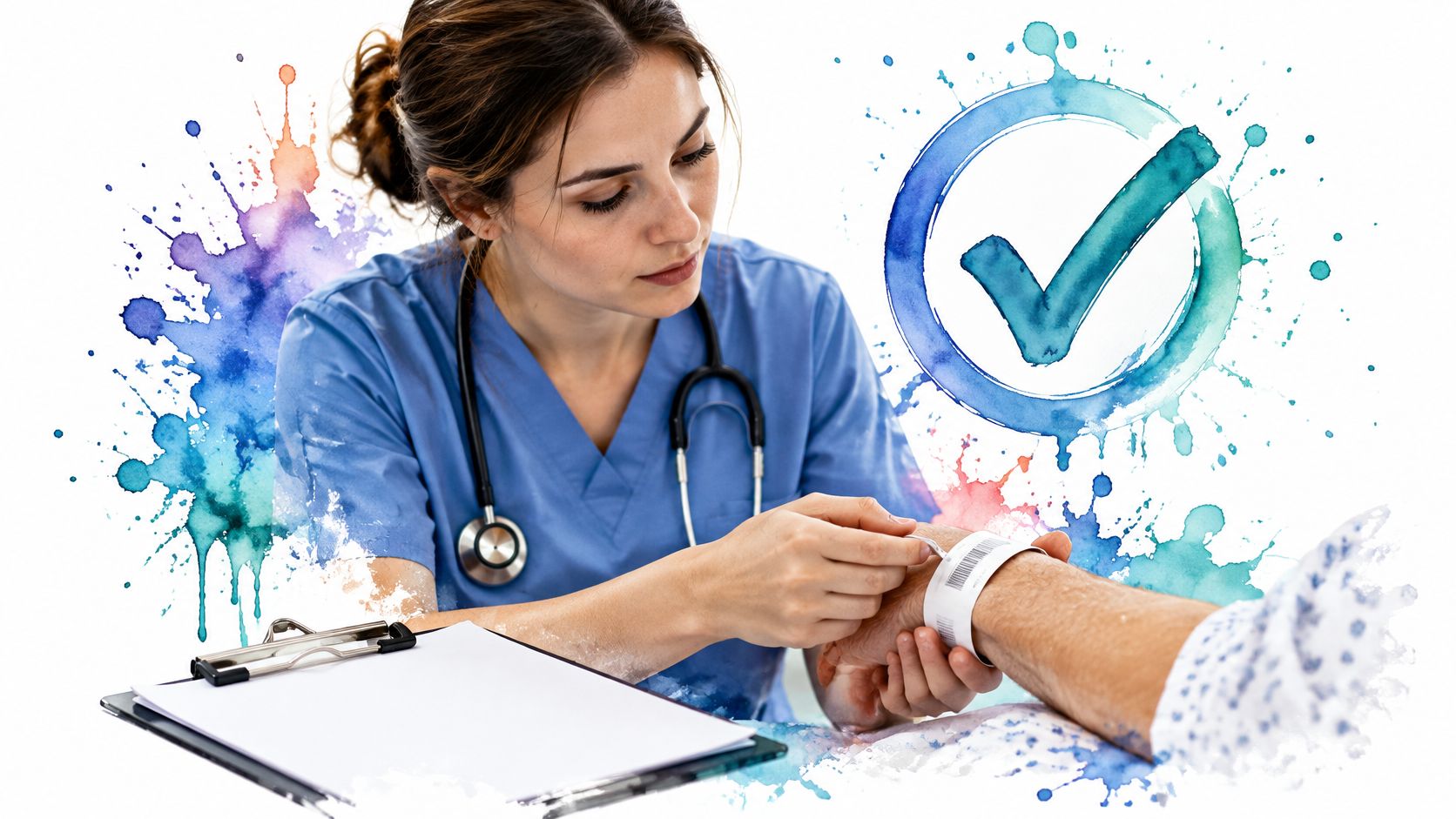 A professional nurse in blue scrubs checking a patient's identification wristband during a healthcare clinical appointment.