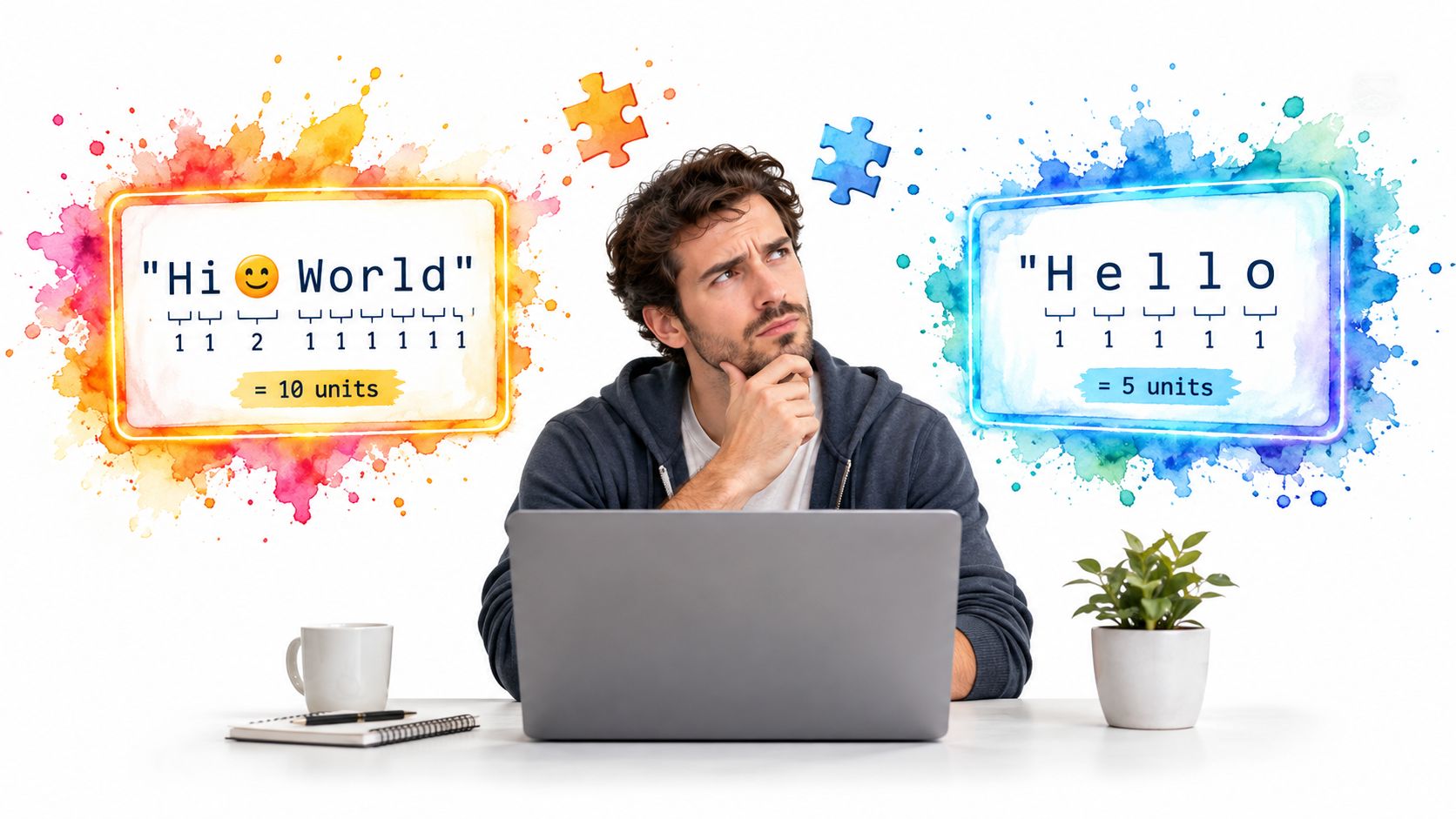A man looking at a laptop with illustrations comparing string length units for text versus emojis.