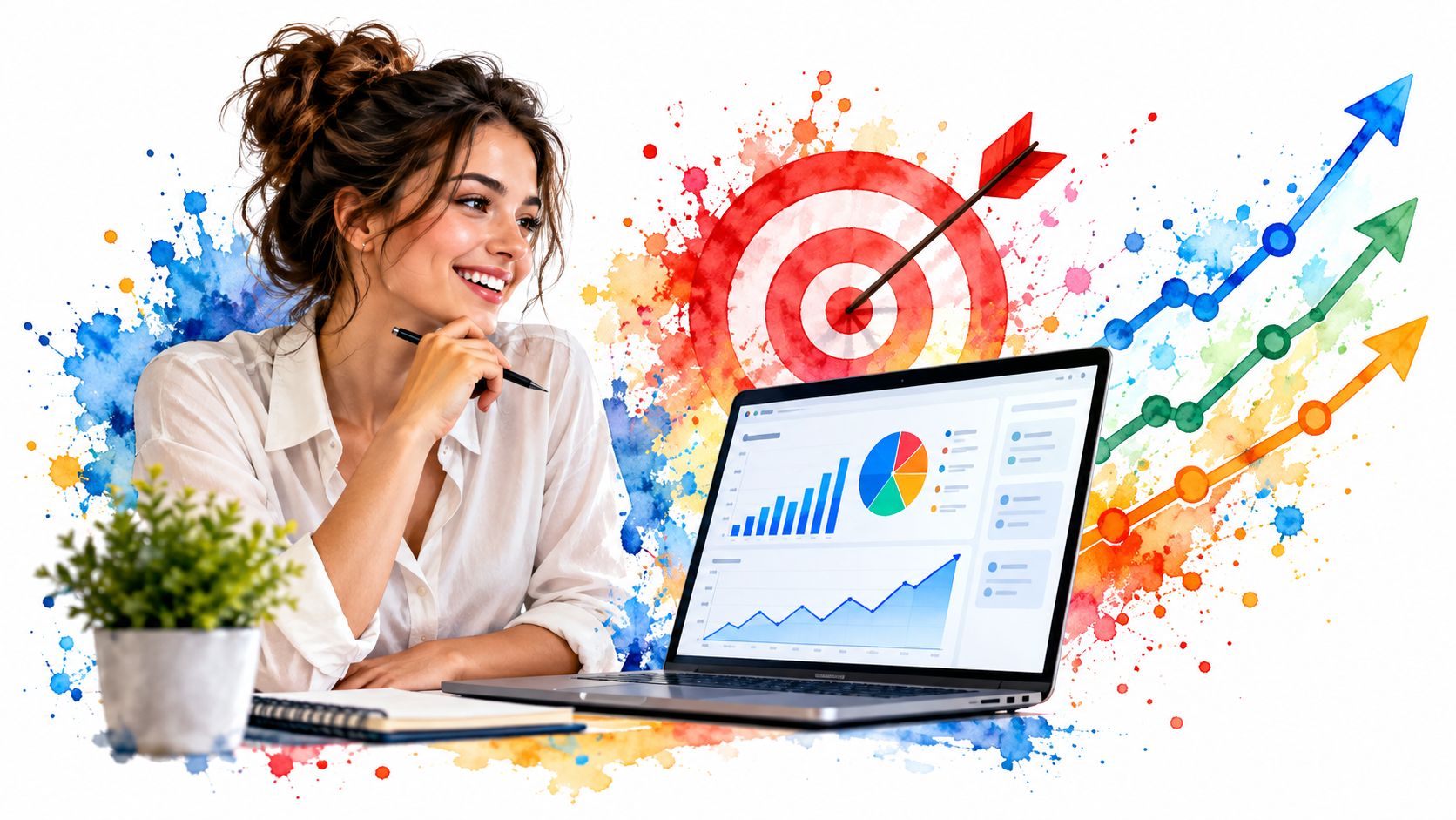 A professional woman smiling while analyzing business growth data on her laptop with colorful chart graphics.