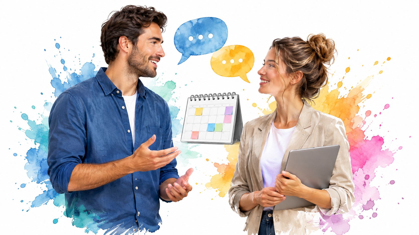 A professional man and woman talking in front of a calendar icon representing workplace scheduling and communication.