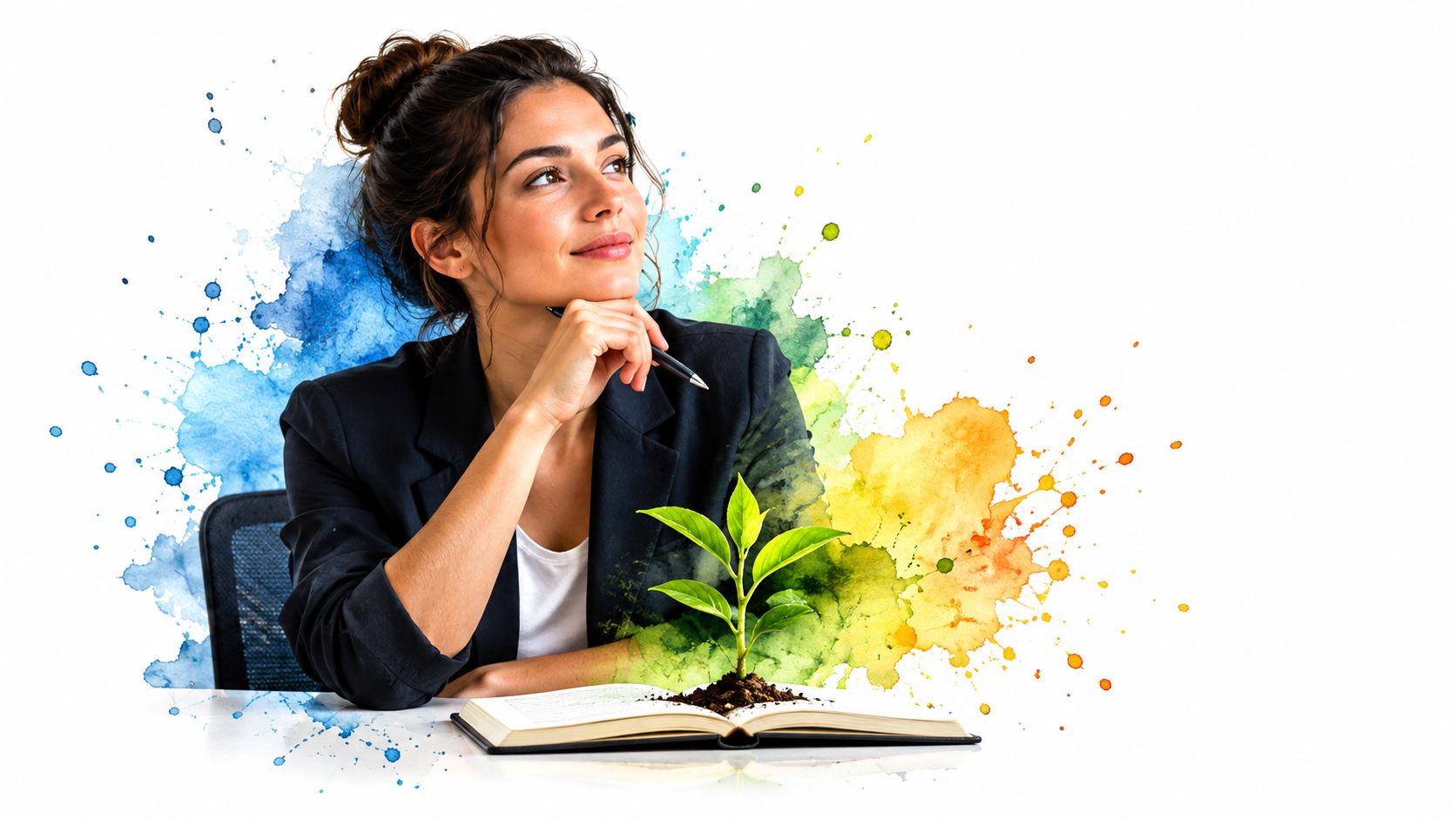 A professional woman thinking with a small green plant growing out of an open book on desk.