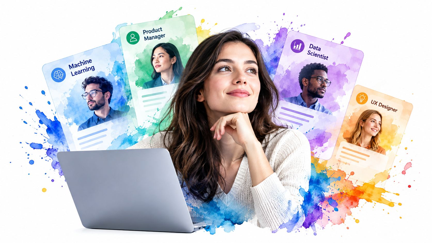 A woman using a laptop with floating digital career profile cards for tech roles in the background.