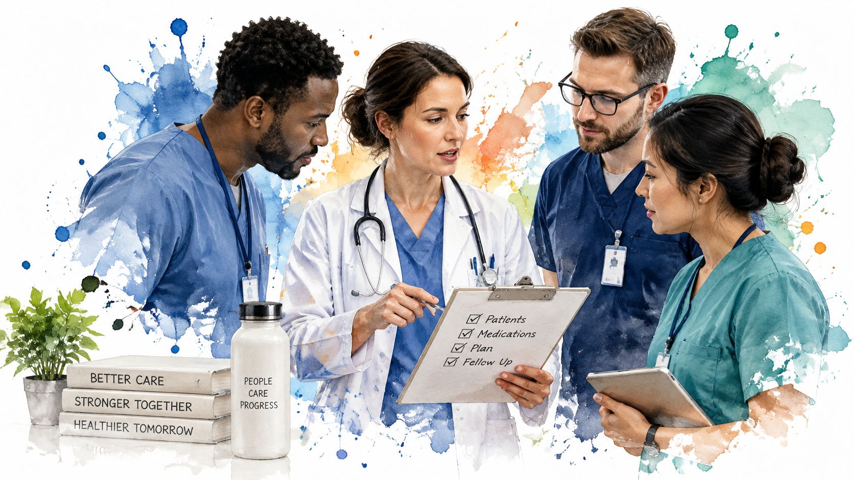 A diverse team of healthcare professionals discussing patient care strategies while reviewing a checklist on a clipboard.