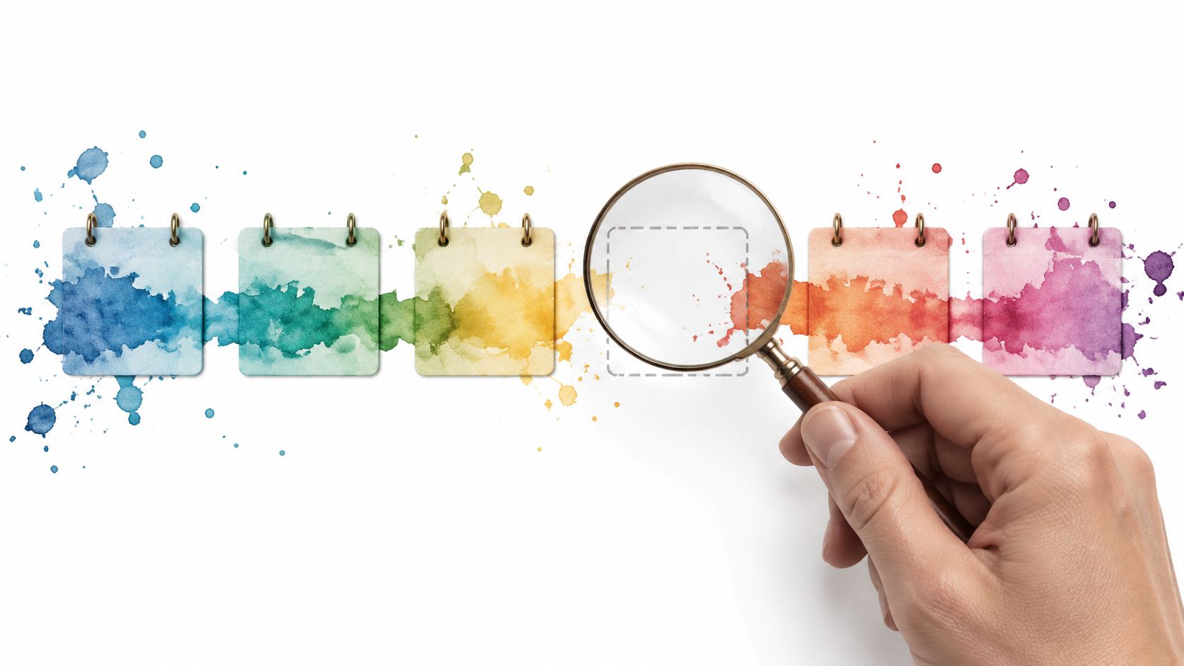 A hand holding a magnifying glass over an empty colorful watercolor calendar square in a row.