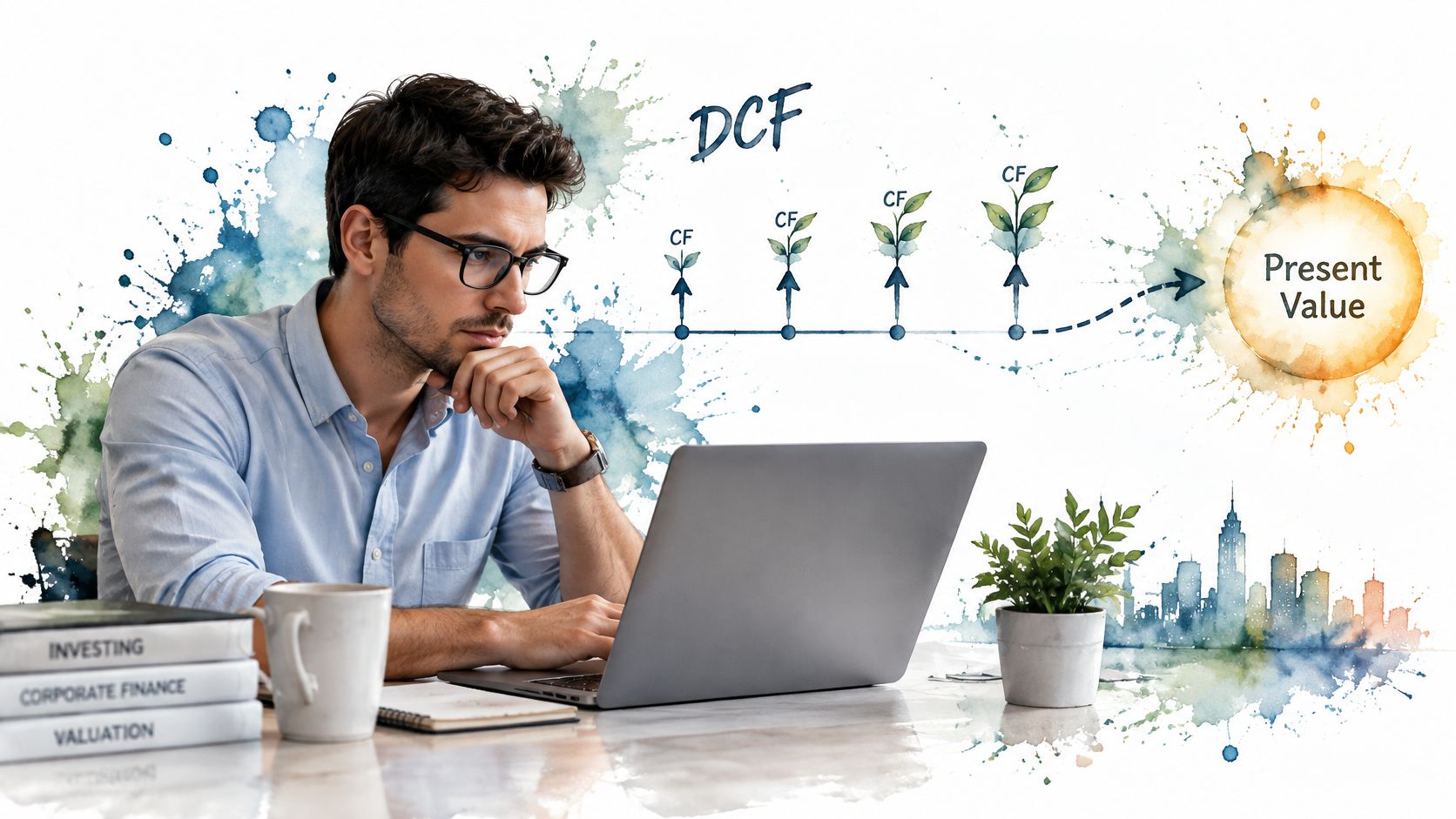 A professional man analyzing financial DCF valuation models on a laptop with illustrative financial graphics and books.
