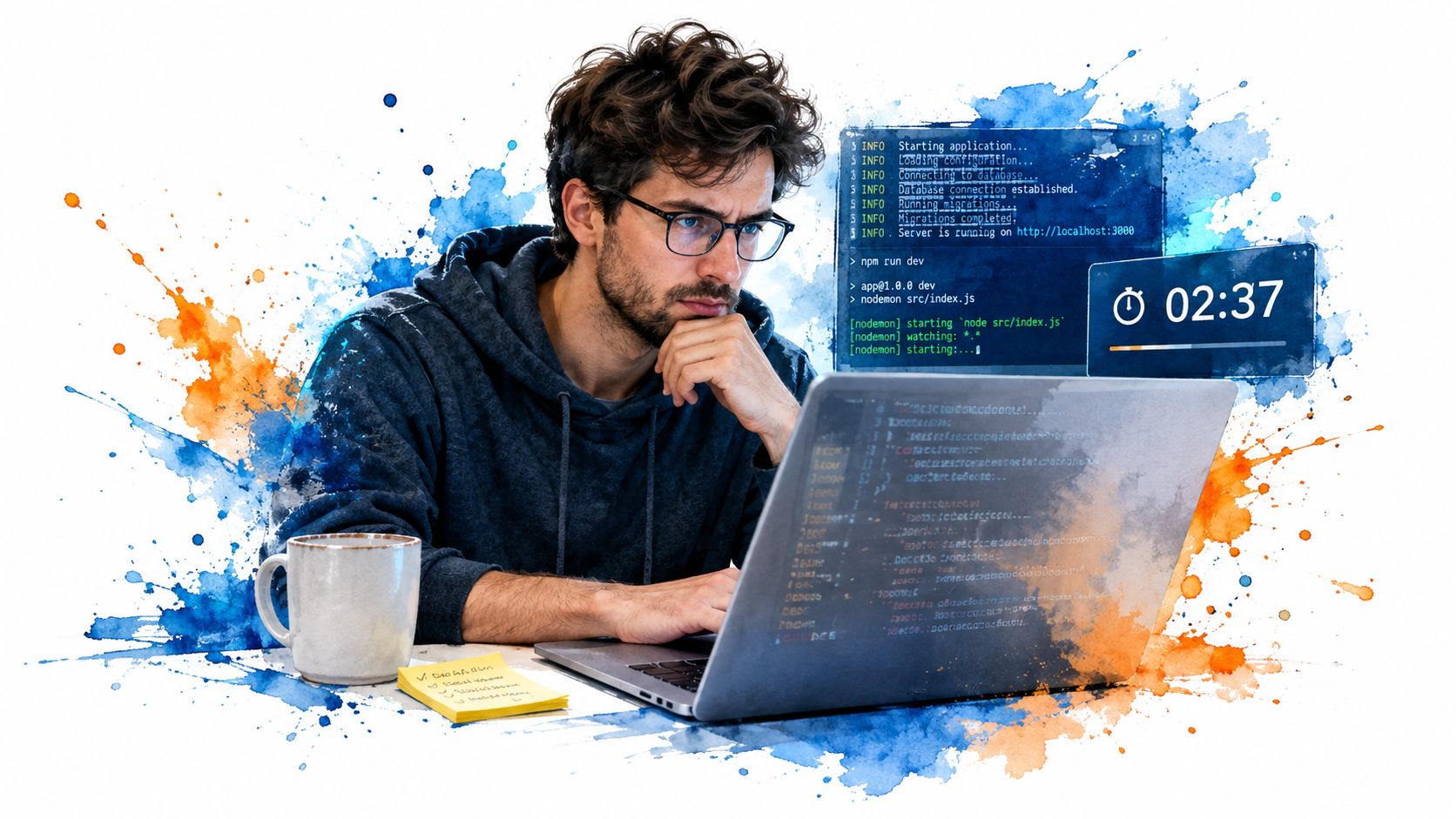 A male software engineer focused on his laptop screen while debugging code in a modern workspace environment.