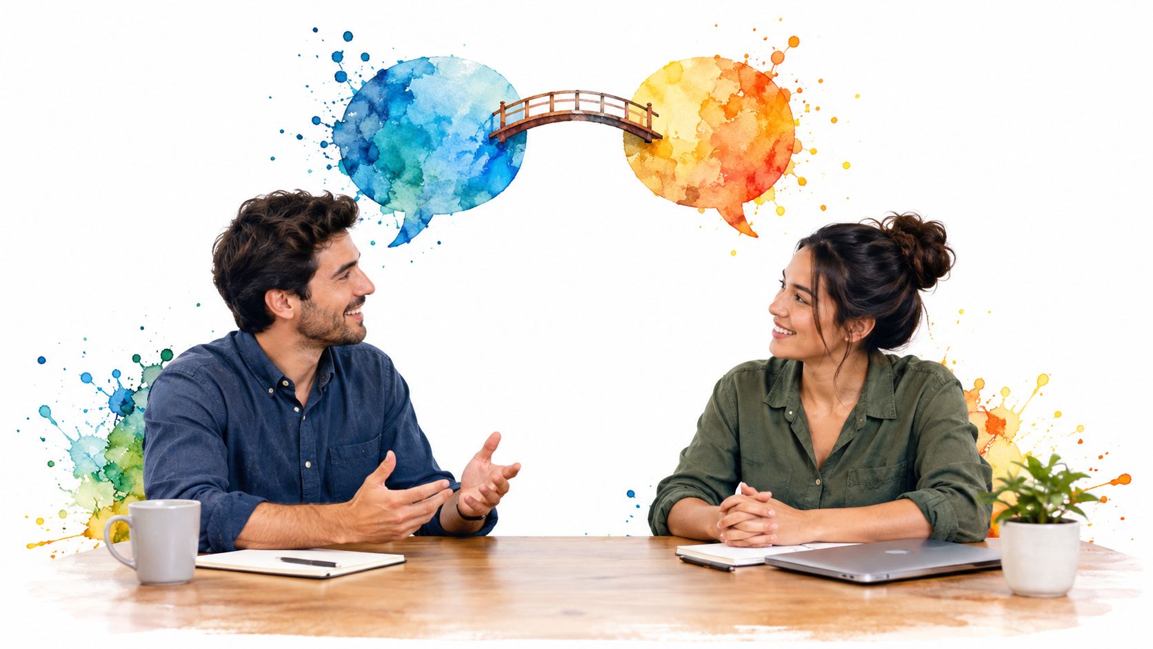 A professional man and woman having a conversation with a watercolor speech bubble bridge illustration above them.