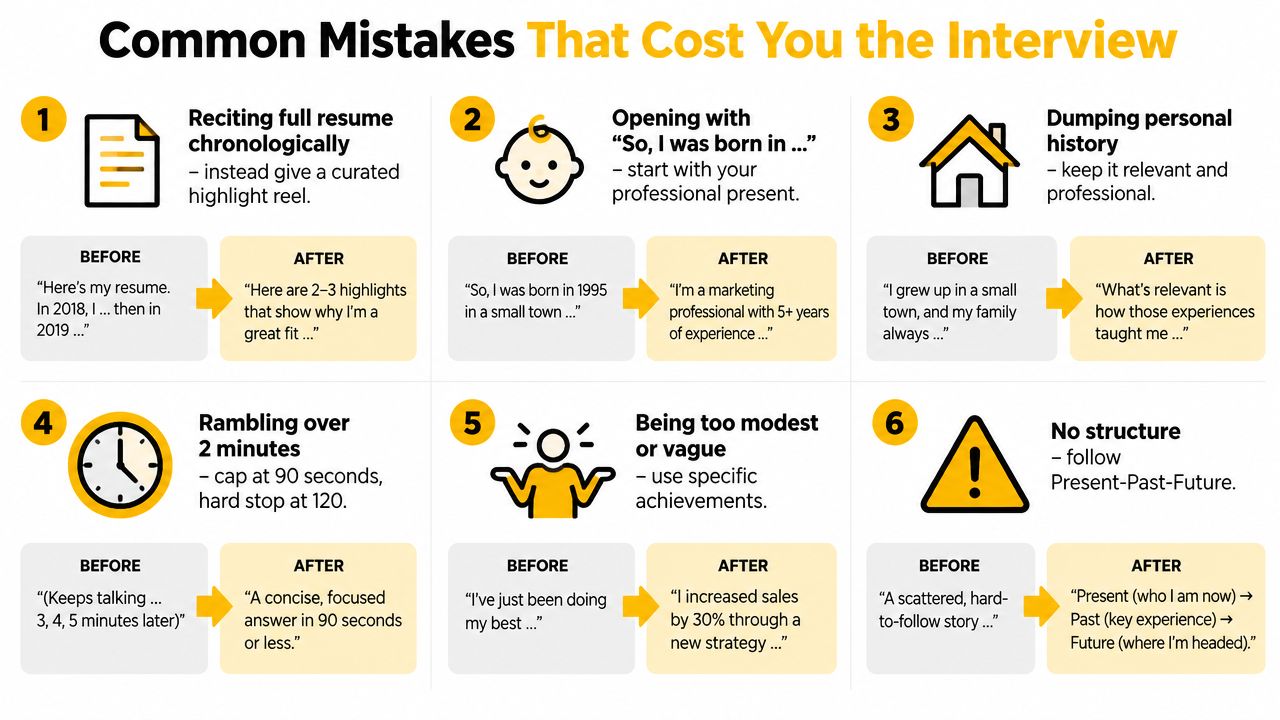An infographic showing six common job interview mistakes and how to fix them with better responses.