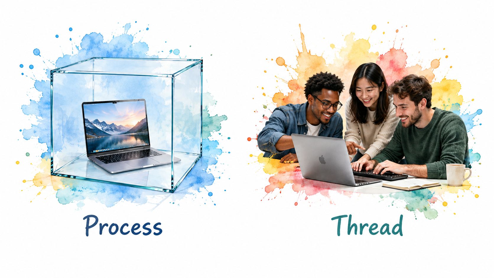 A conceptual illustration comparing a computer process in a box versus multiple threads working together.