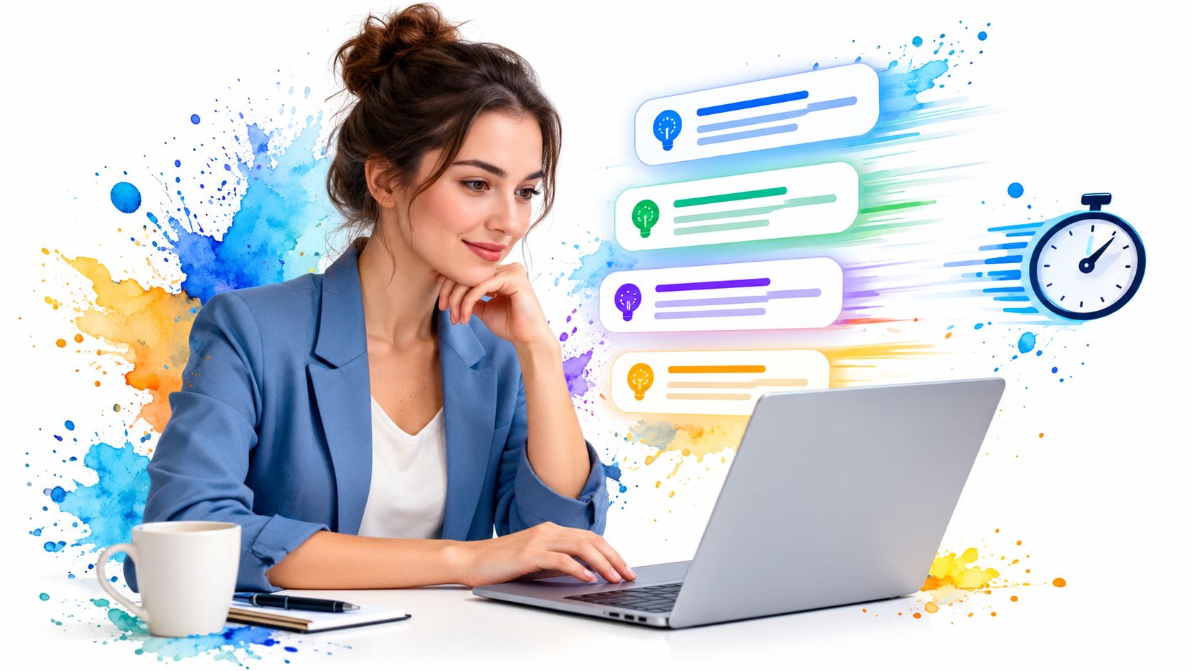 A professional young woman working on her laptop with colorful creative notification bubbles and a clock icon.