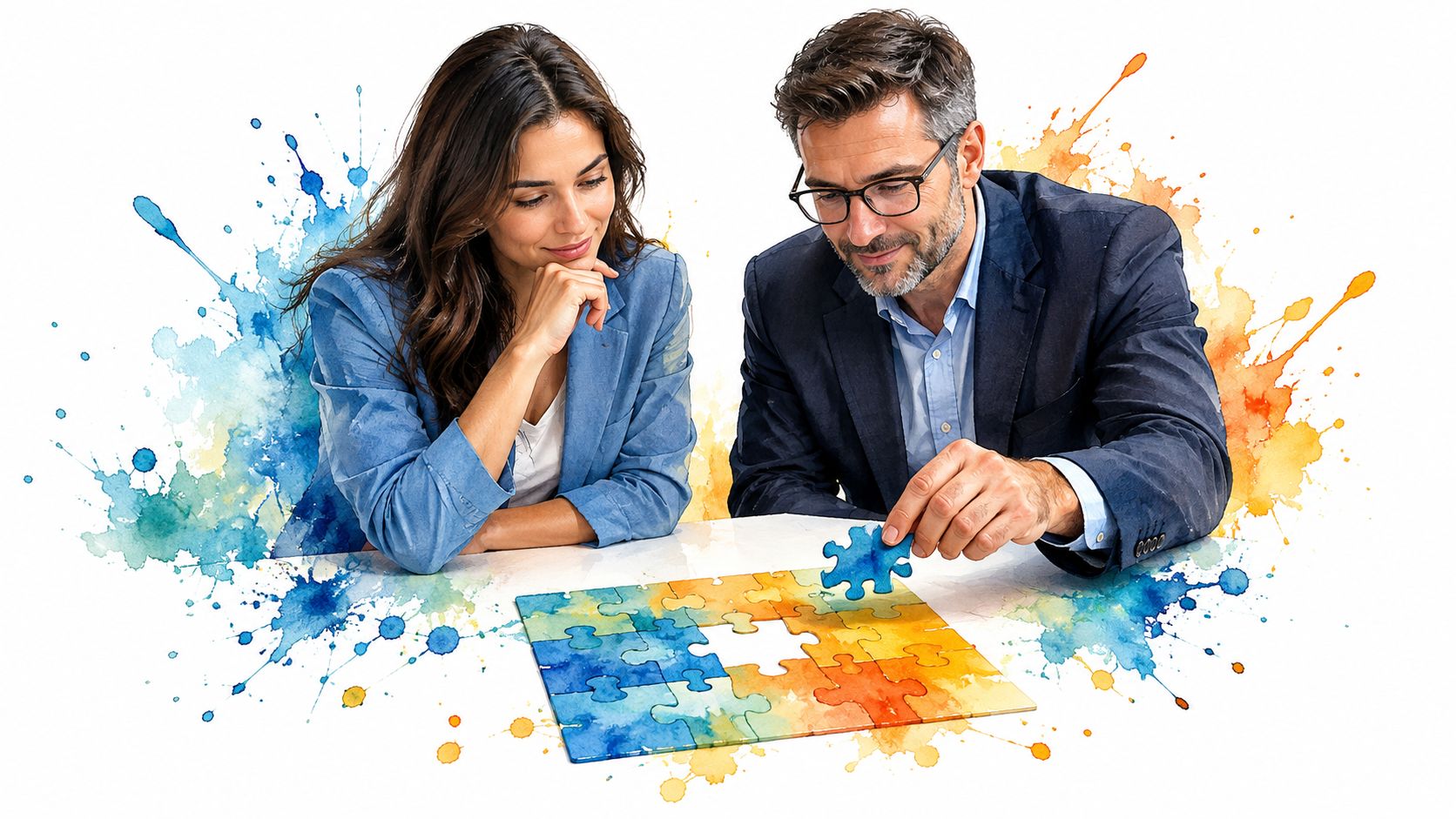 A professional man and woman collaborating together to solve a jigsaw puzzle on a white table.