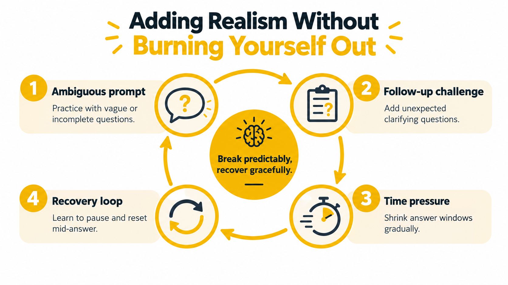 A four-step infographic illustrating methods to improve interview realism while preventing burnout through structured practice techniques.