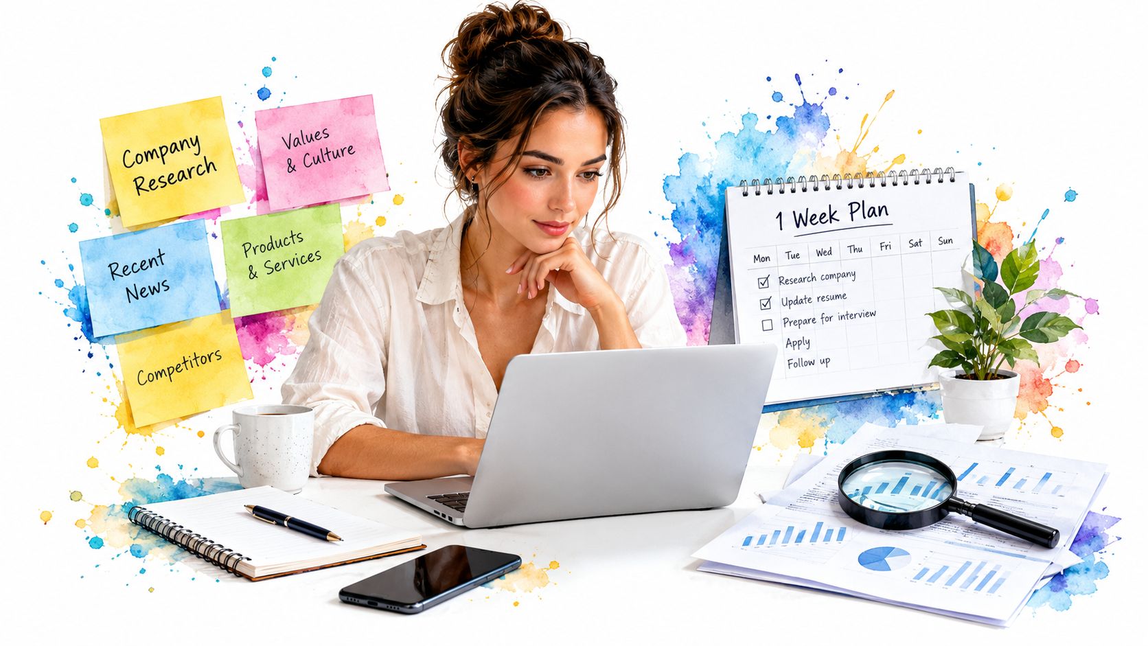 A woman working on a laptop with sticky notes, a schedule, and business charts on her desk.