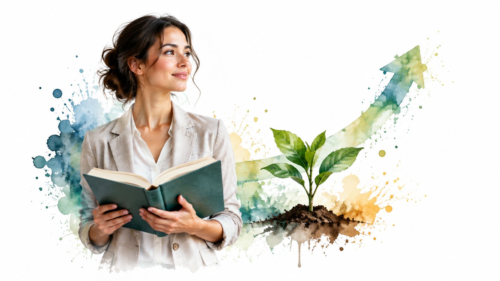 A professional woman holding a book next to a growing plant with an upward trending arrow illustration.