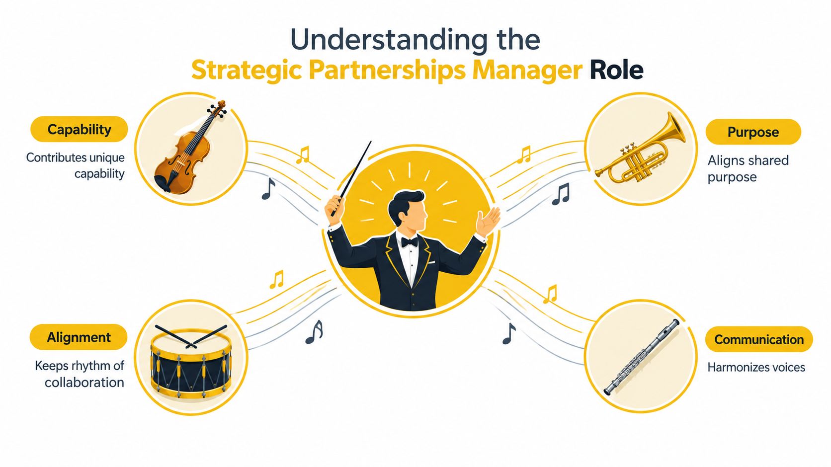An illustration depicting a conductor leading an orchestra, representing the role of a Strategic Partnerships Manager.
