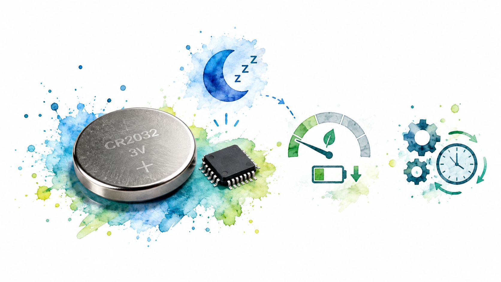 A CR2032 battery and a microchip representing low-power energy efficiency and timing for electronic device development.
