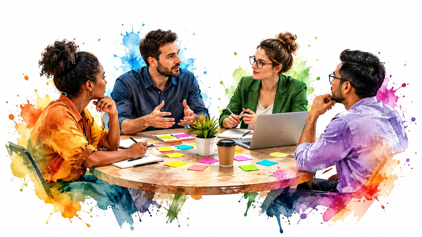 A diverse group of professional colleagues collaborating during a creative business meeting at a wooden round table.