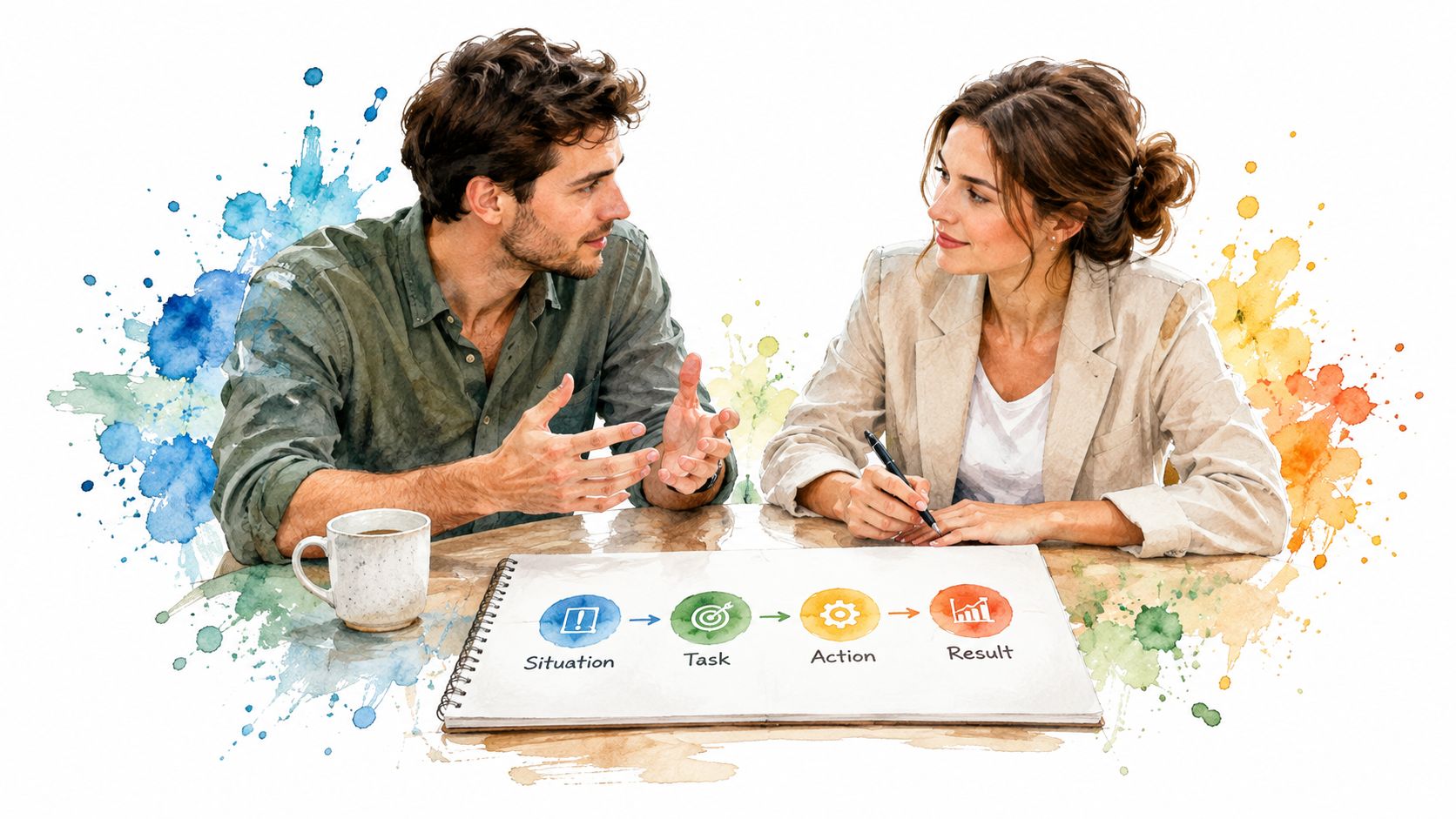 A man and a woman sitting at a table discussing a project development process with visual icons.