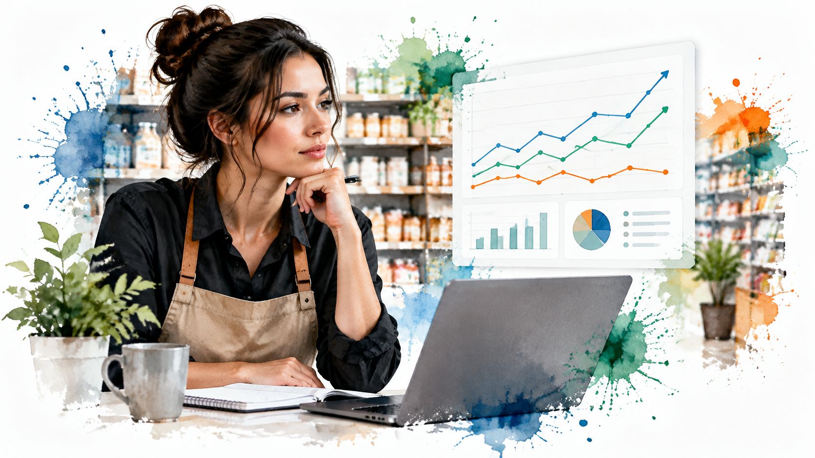 A female shop owner in an apron reviews business data on a laptop inside her retail store.