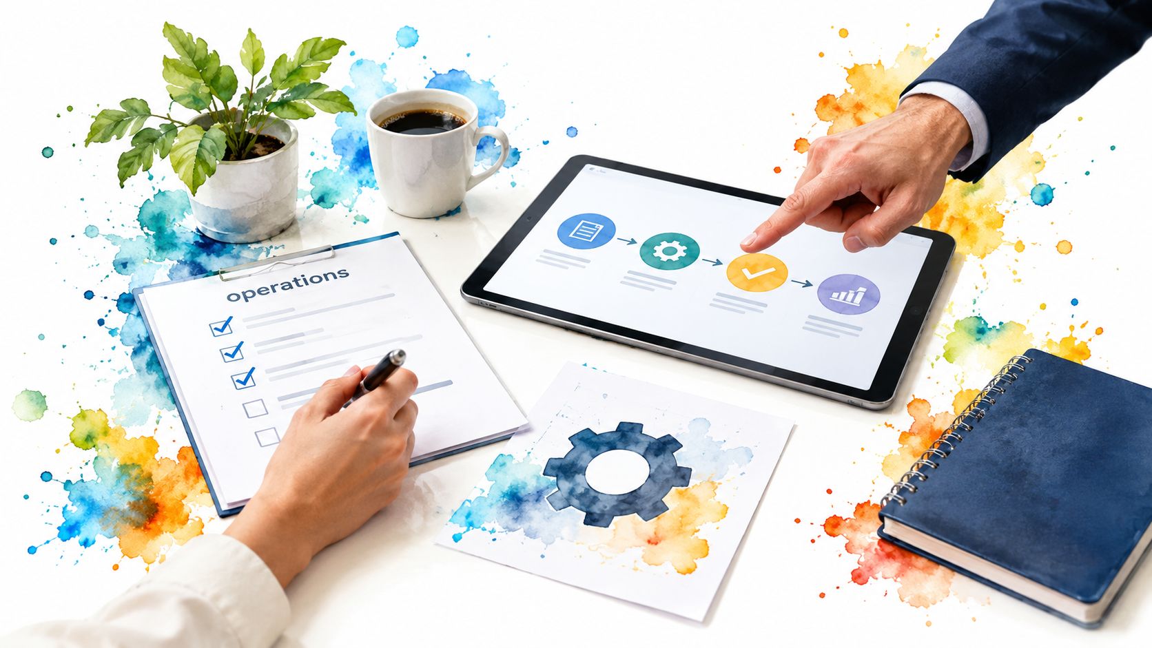 A professional desk workspace with a tablet, checklist, and hands performing operations and planning tasks together.