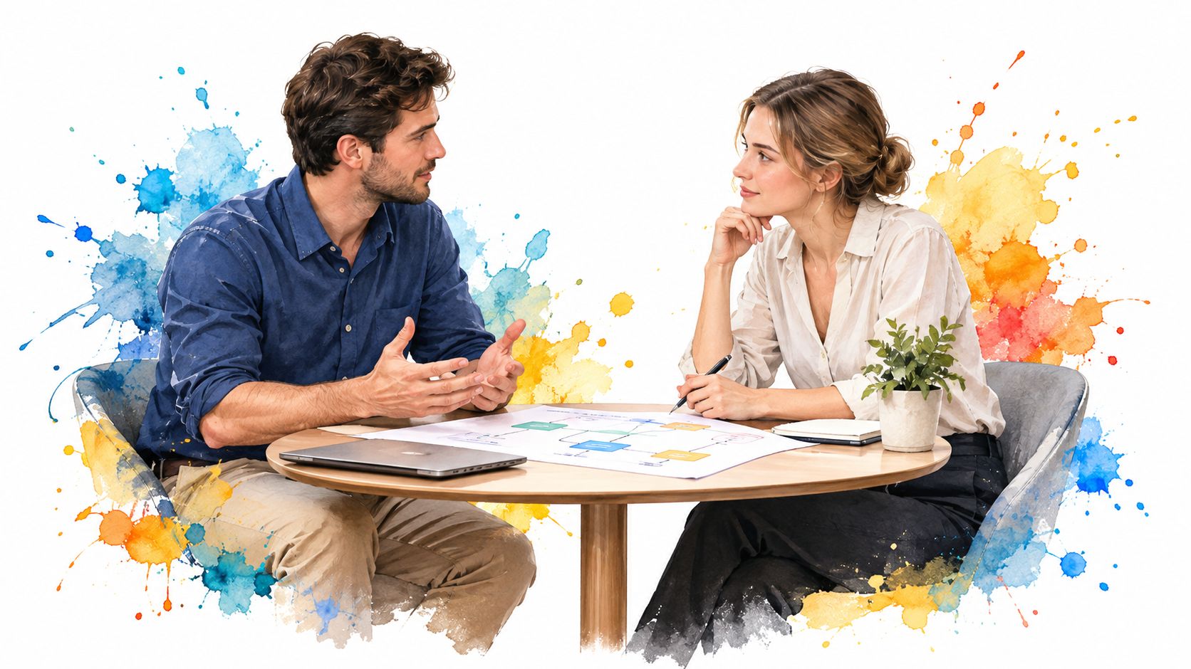 A professional man and woman sitting at a round table having a collaborative meeting about business strategies.