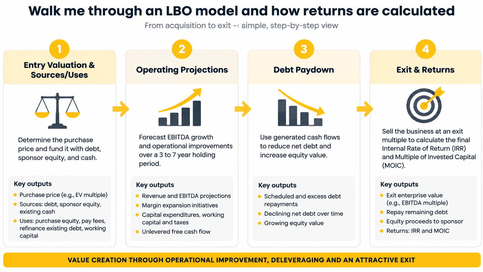 A diagram illustrating the four key steps in an LBO financial model from acquisition to exit.