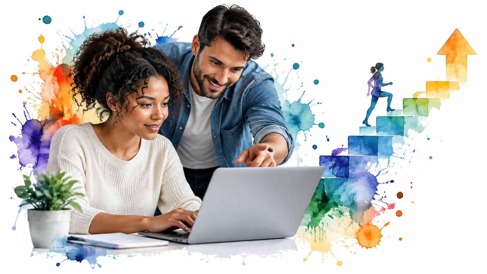 A woman and a man collaborating on a laptop with creative growth and professional development imagery.