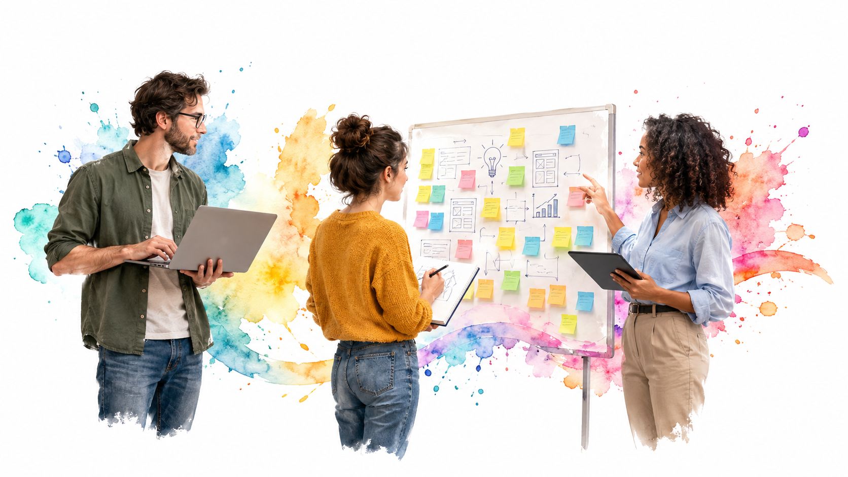 A diverse team collaborating in a creative workspace, brainstorming ideas on a whiteboard filled with sticky notes.
