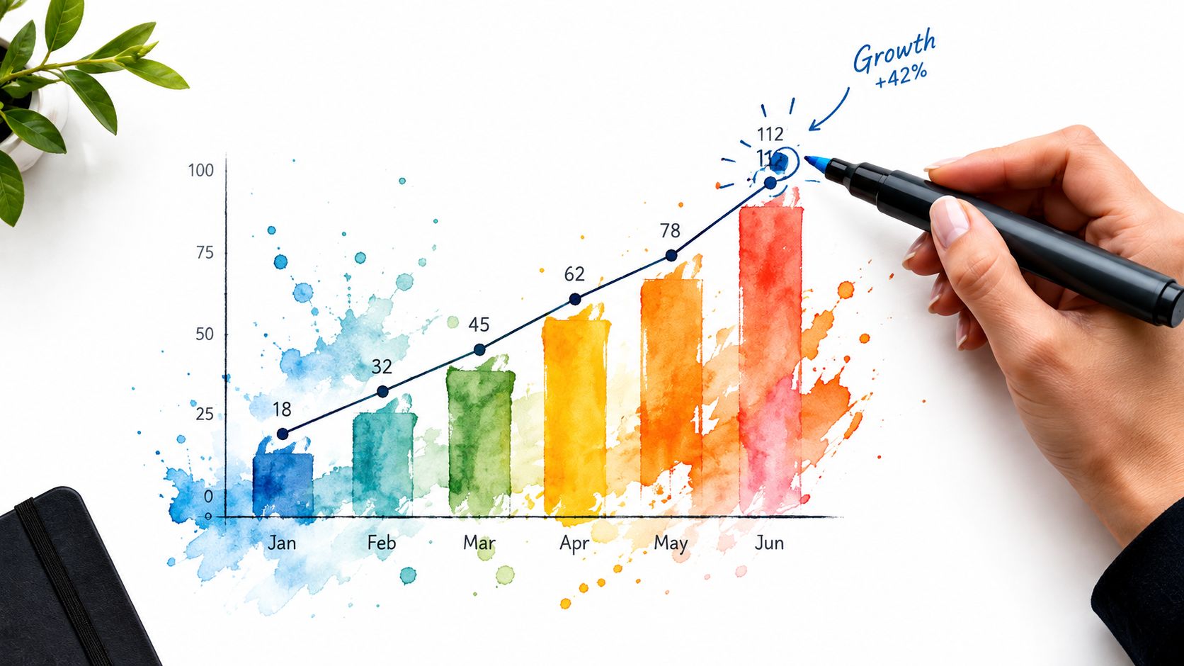 A hand drawing a colorful watercolor bar chart showing business growth with markers and monthly progress.