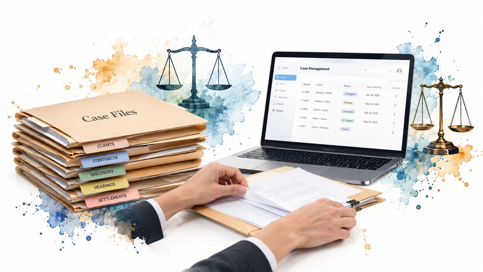 A professional working on legal case files with a laptop and scales of justice icon nearby.