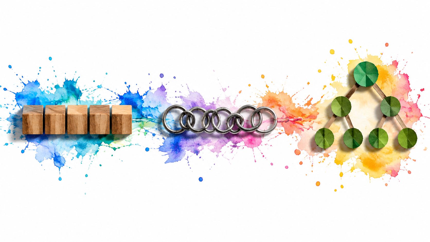 A conceptual image showing wooden blocks linked by a metal chain to a green tree diagram.