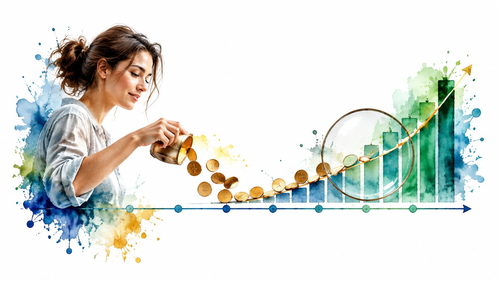 A woman pouring gold coins onto a growing financial bar chart with an upward trend line.