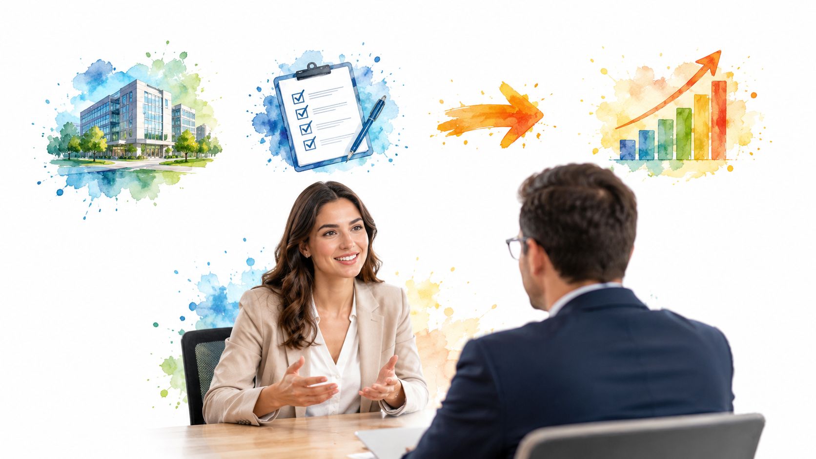 A professional woman participating in a job interview with a man, featuring business-themed watercolor graphic icons.